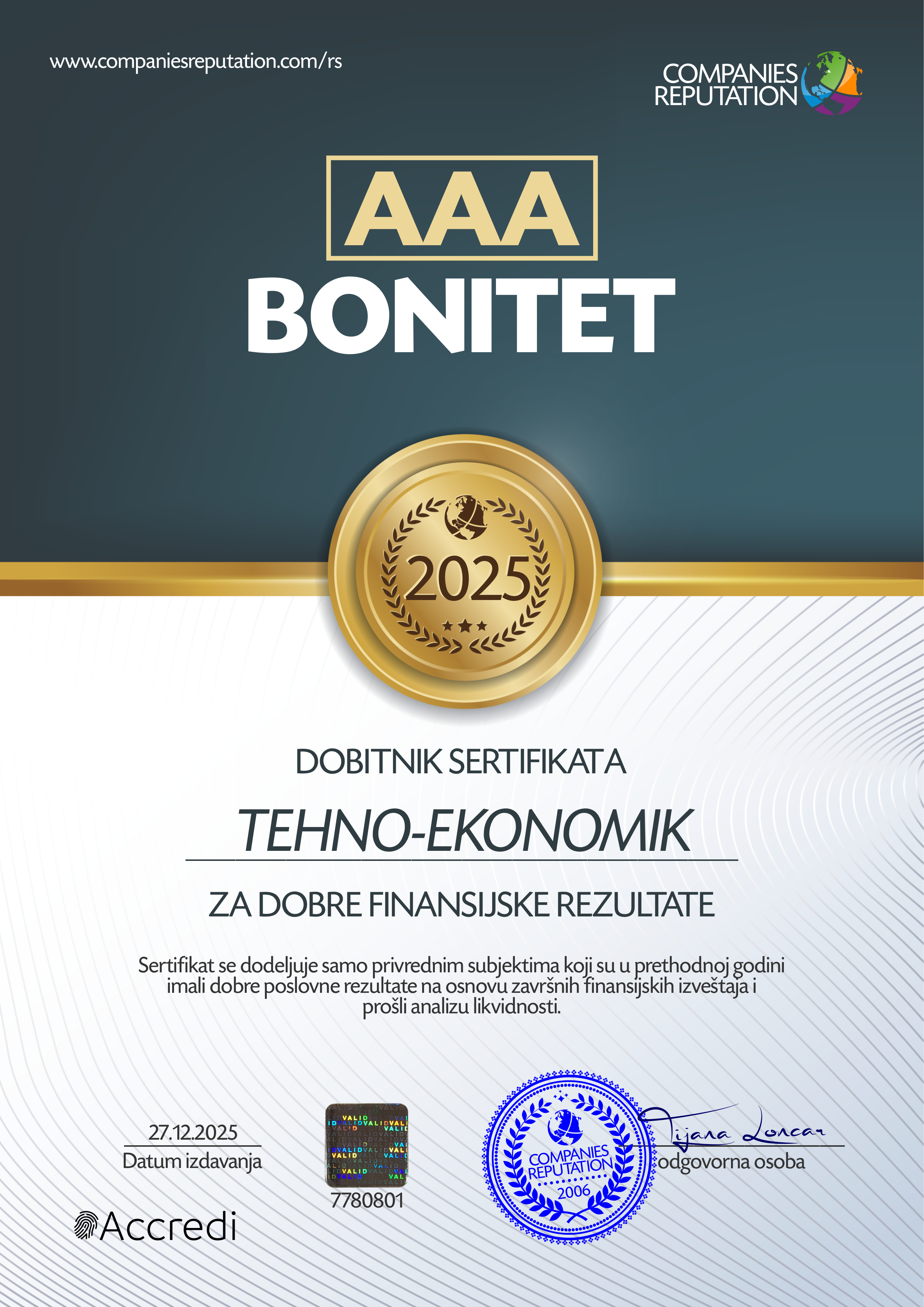 TEHNO-EKONOMIK AAA BONITET TEHNO-EKONOMIK AAA BONITET