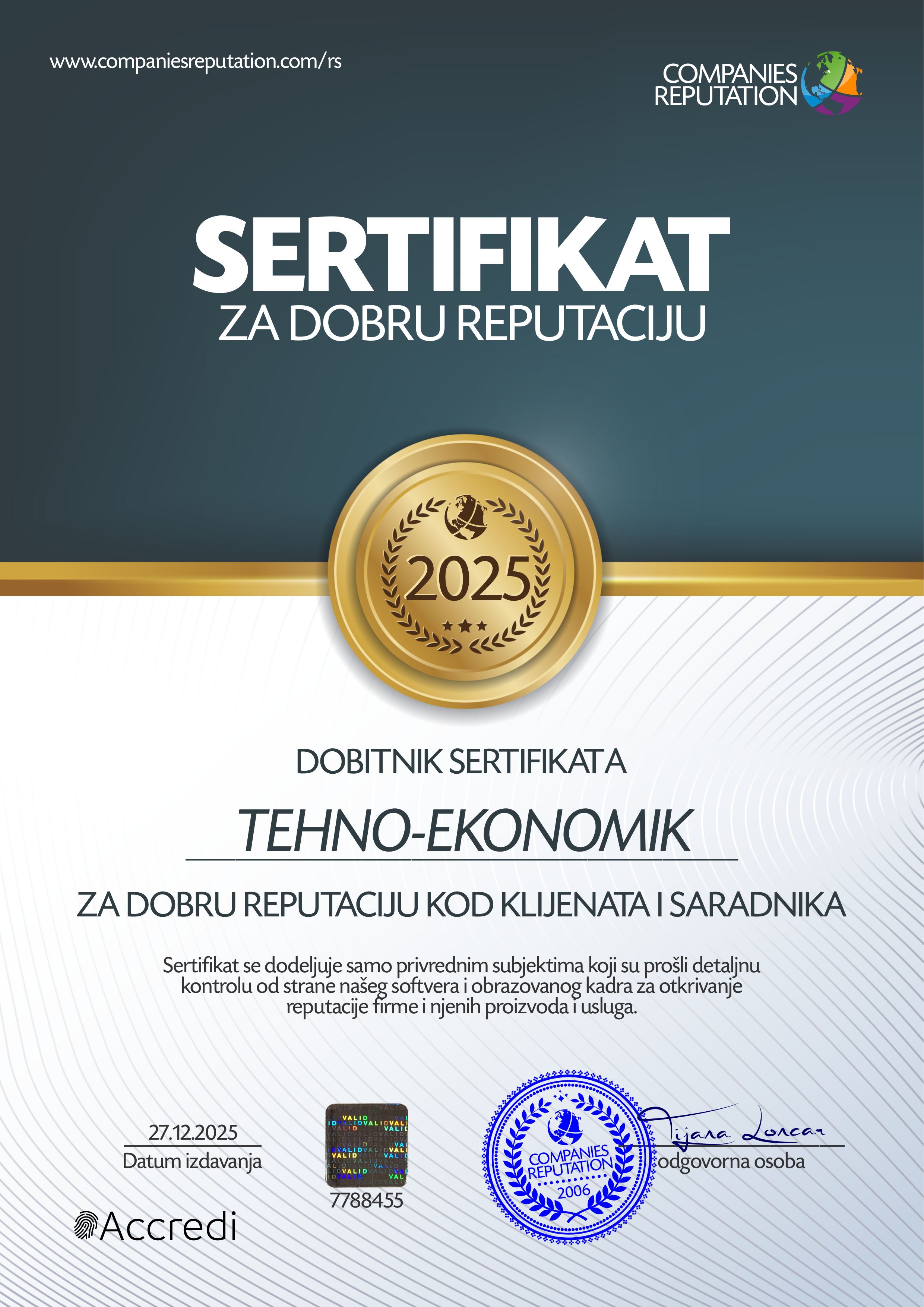 TEHNO-EKONOMIK SERTIFIKAT ZA DOBRU REPUTACIJU TEHNO-EKONOMIK SERTIFIKAT ZA DOBRU REPUTACIJU